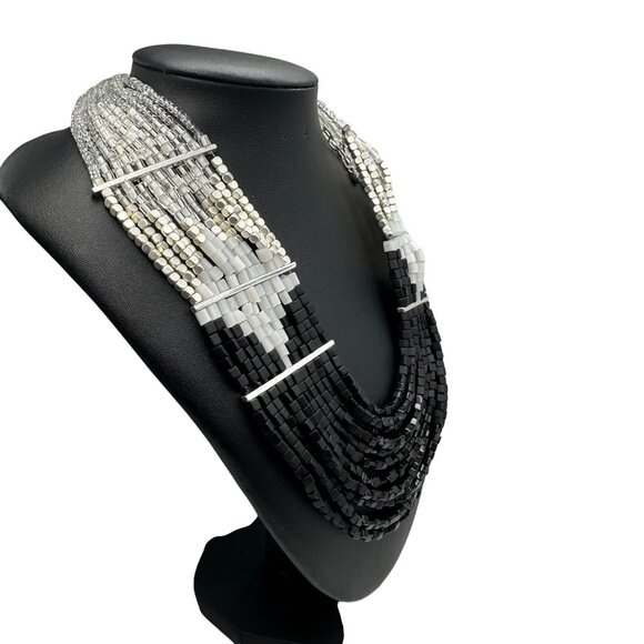 Chico's Necklace NWT Jewlery Statement 21.5" Adjustable Beaded Silver Tone Black - Picture 2 of 12